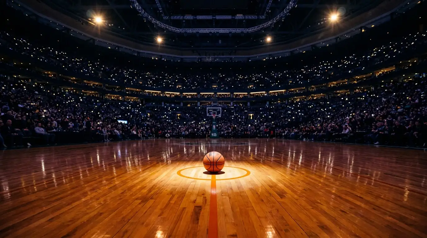 NBA basketball on the polished hardwood of an empty arena before tip-off