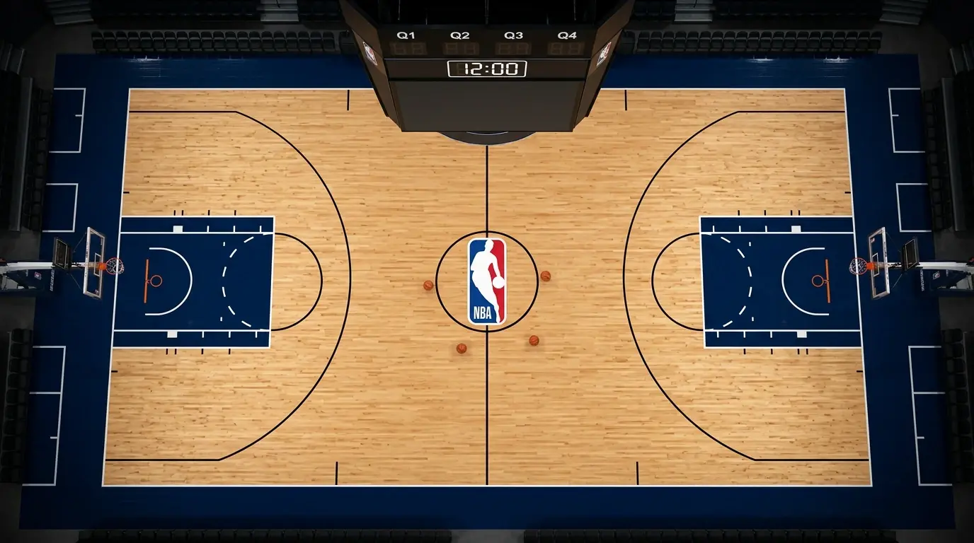 NBA basketball court with scoreboard showing four quarters of twelve minutes